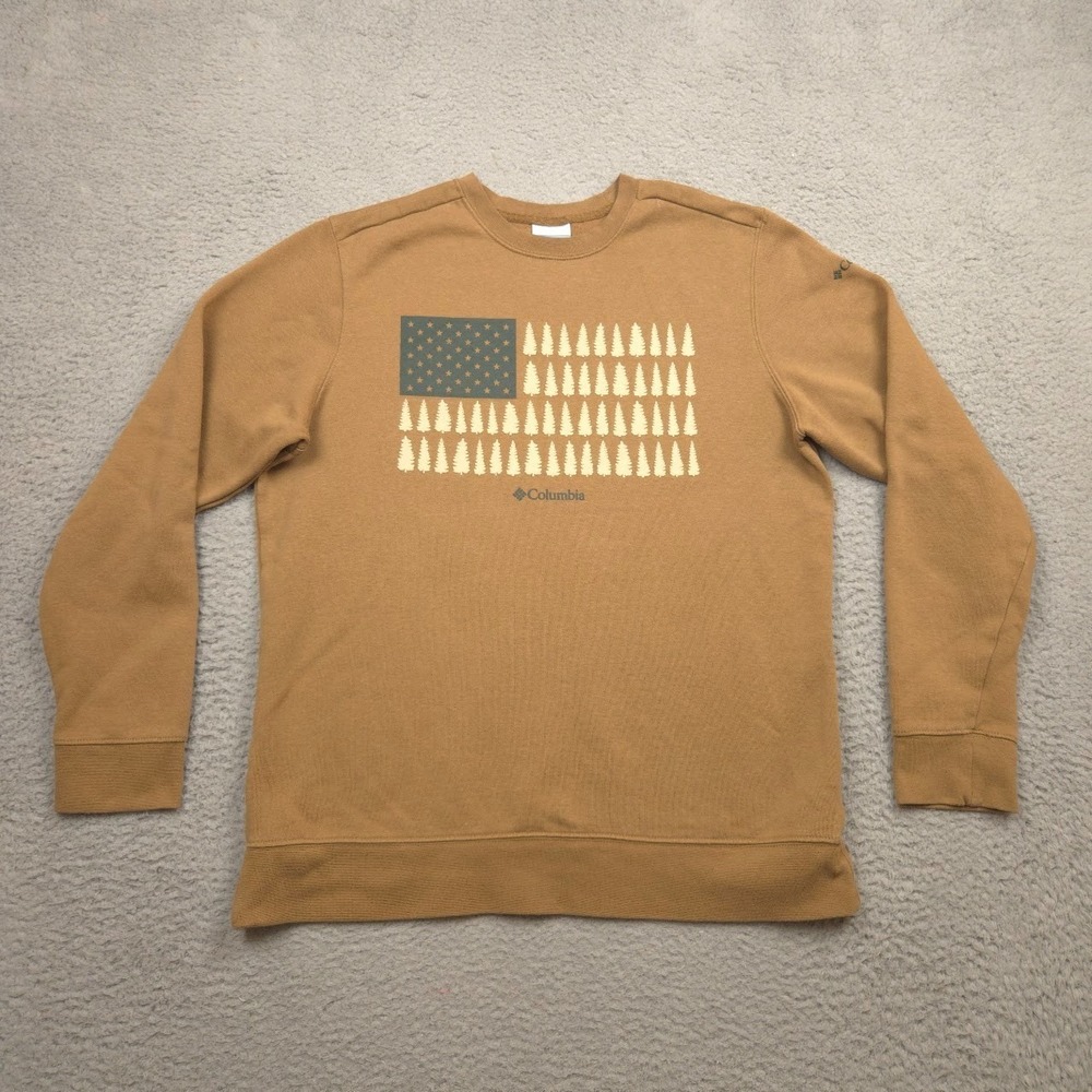 Columbia Crewneck Sweatshirt Mens Large Brown Fleece US Flag Graphic Outdoor‎